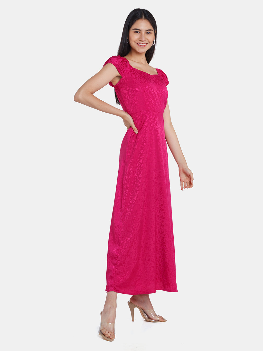 Wine Self Design Puff Sleeve Maxi Dress