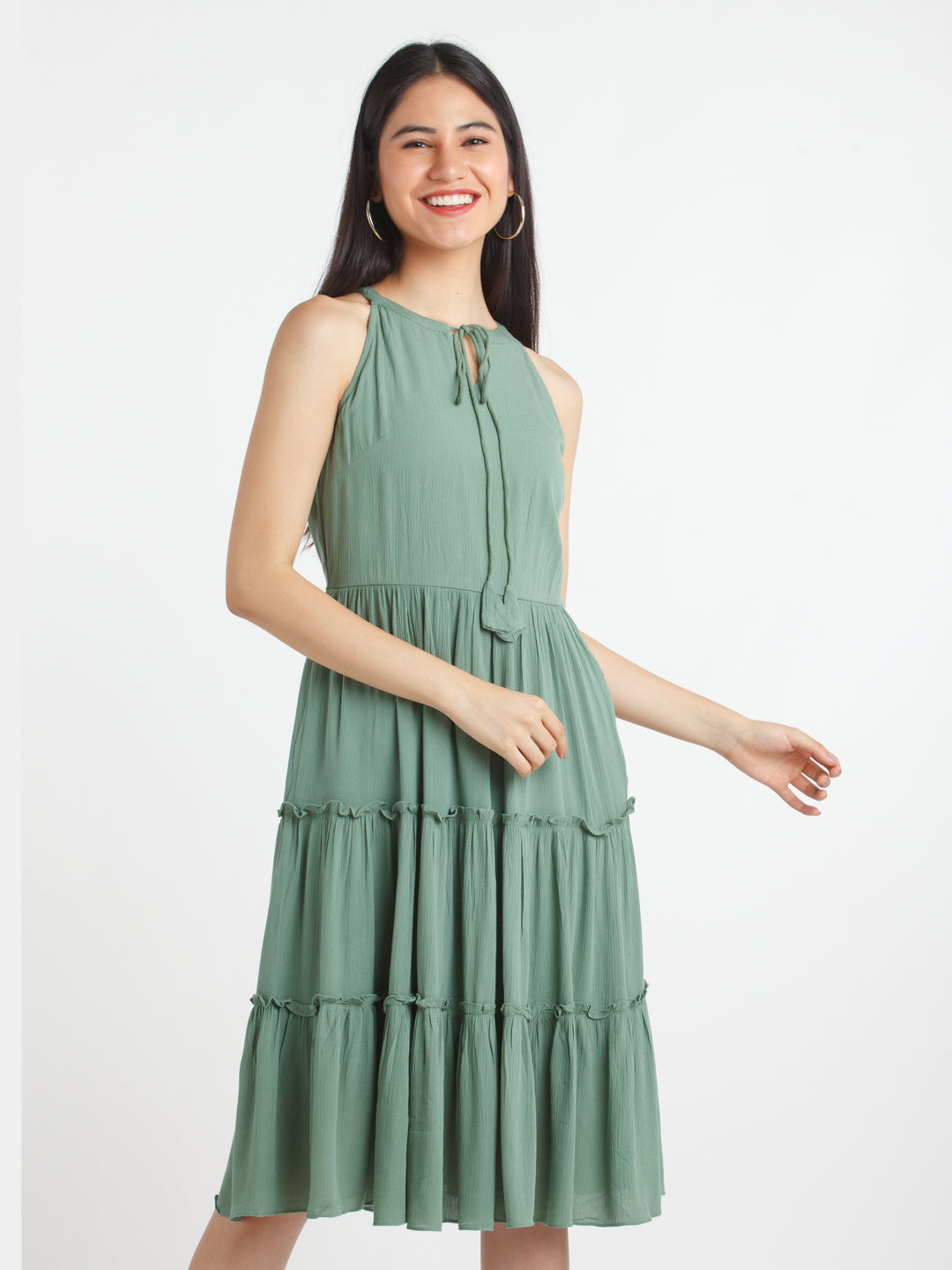 Green Solid A-Line Midi Dress For Women