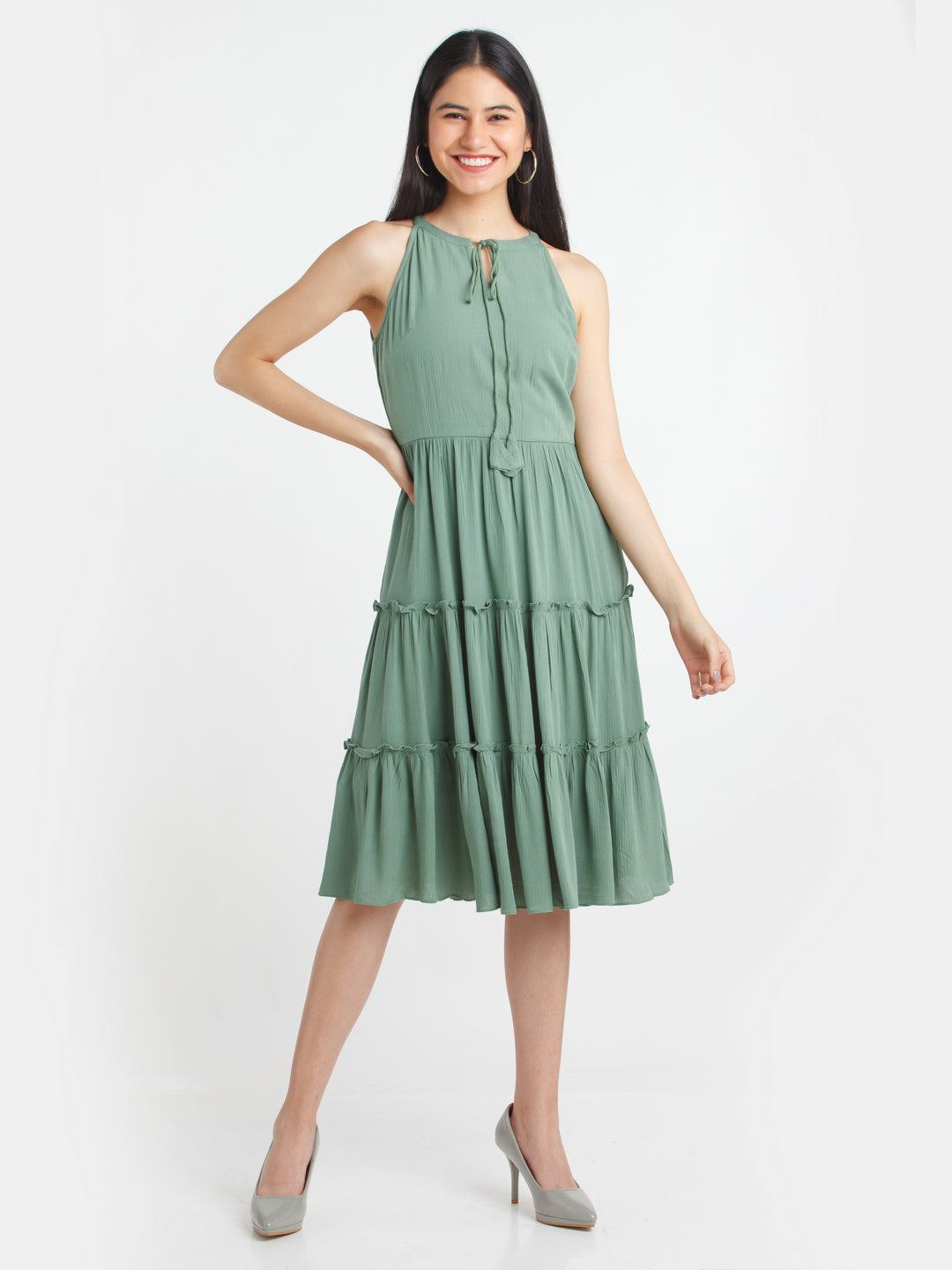 Green Solid A-Line Midi Dress