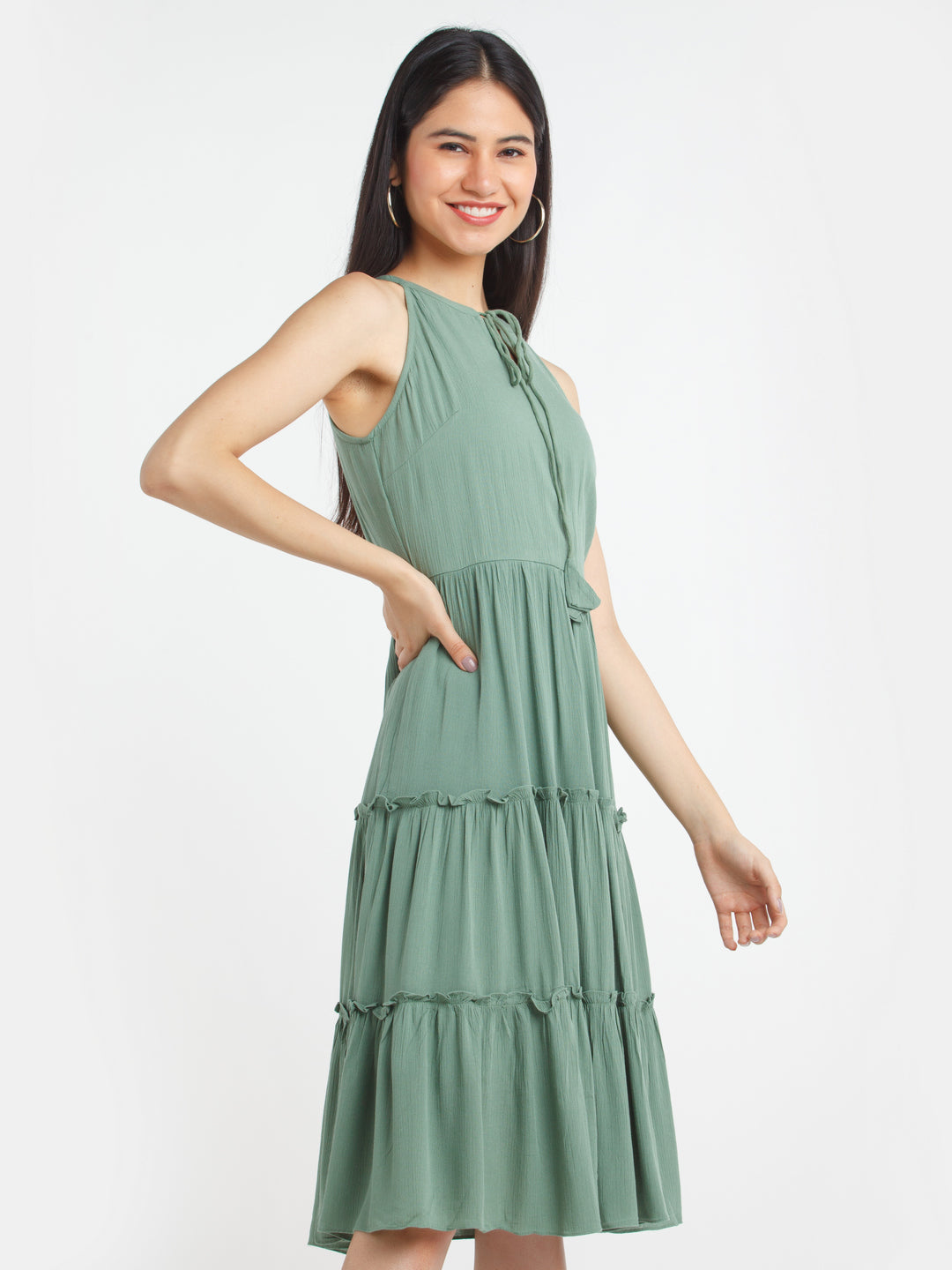 Green Solid A-Line Midi Dress