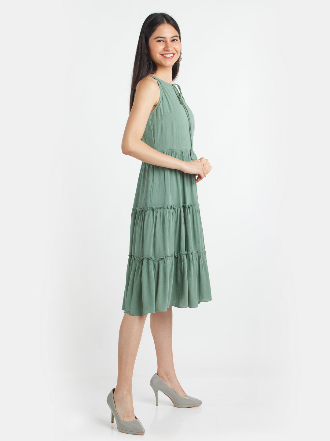 Green Solid A-Line Midi Dress