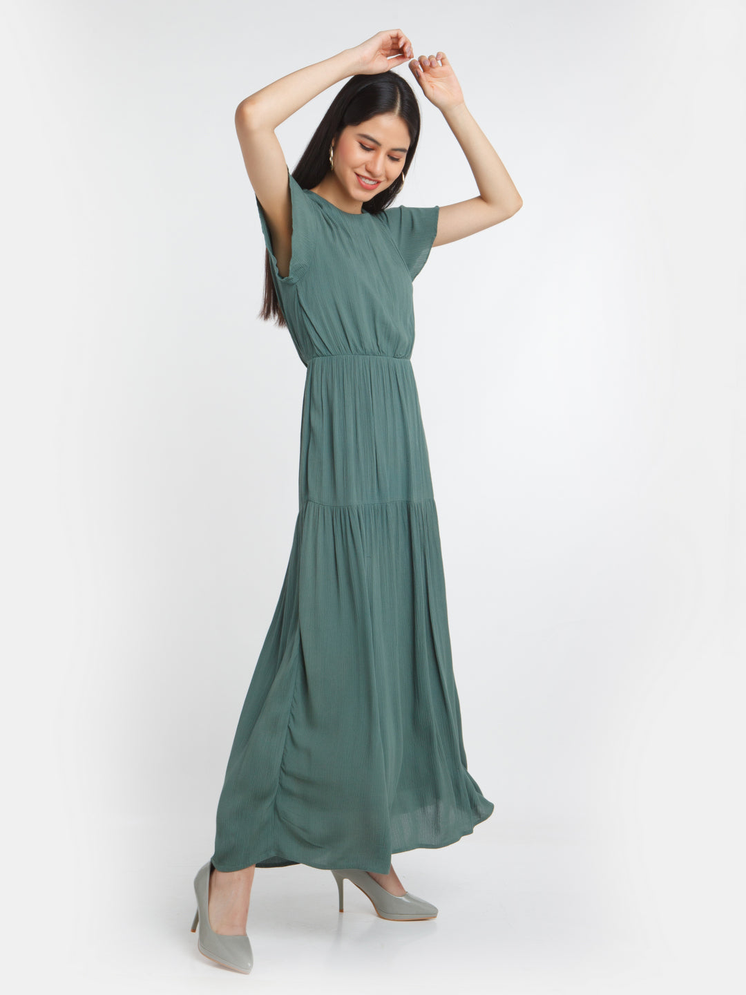Green Solid Tiered Maxi Dress For Women