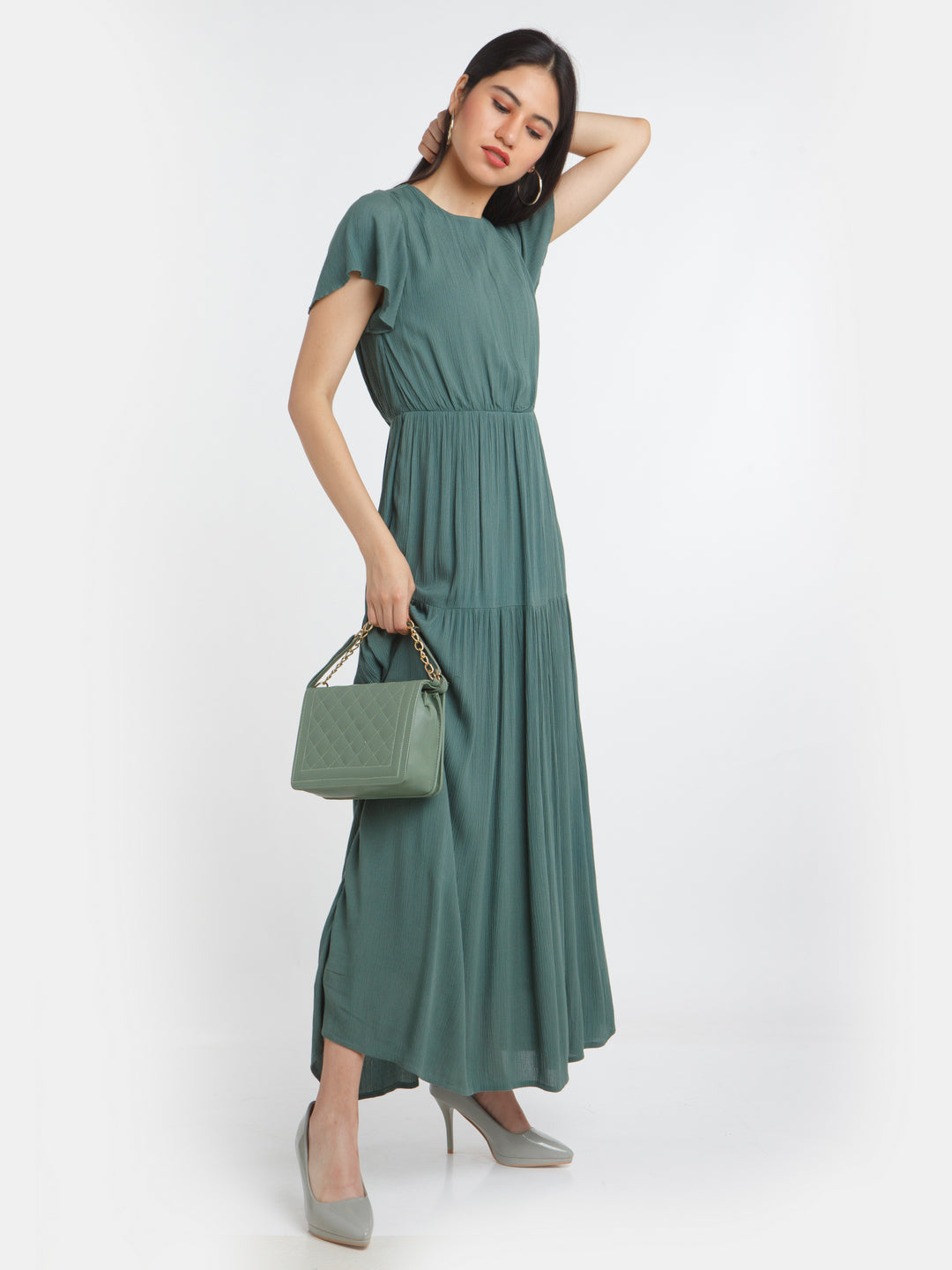 Green Solid Tiered Maxi Dress For Women