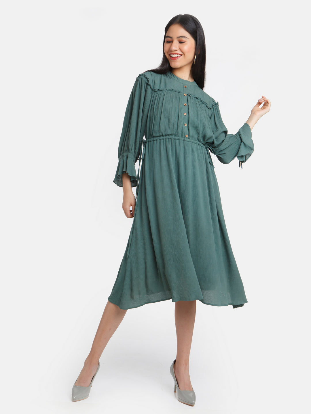 Green Solid Midi Dress For Women