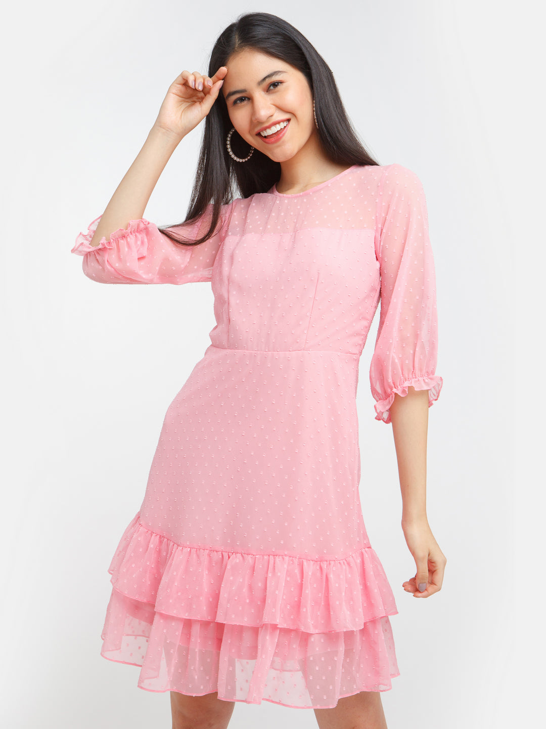 Pink Self Design Ruffled Short Dress