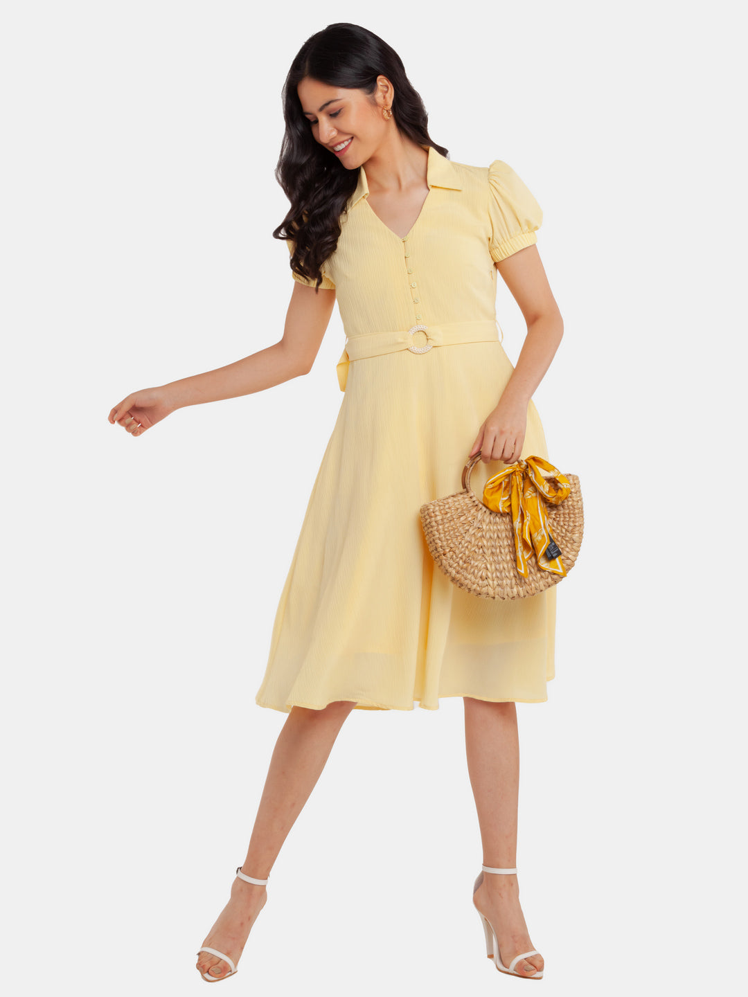 Yellow Solid Puff Sleeve Midi Dress For Women