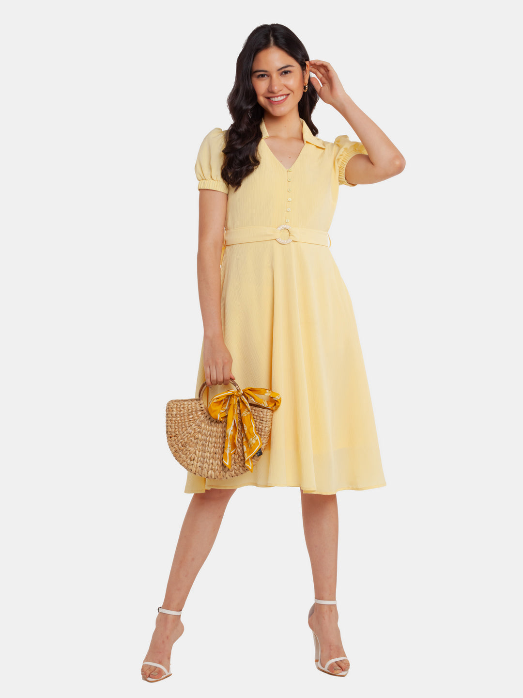 Yellow Solid Puff Sleeve Midi Dress For Women