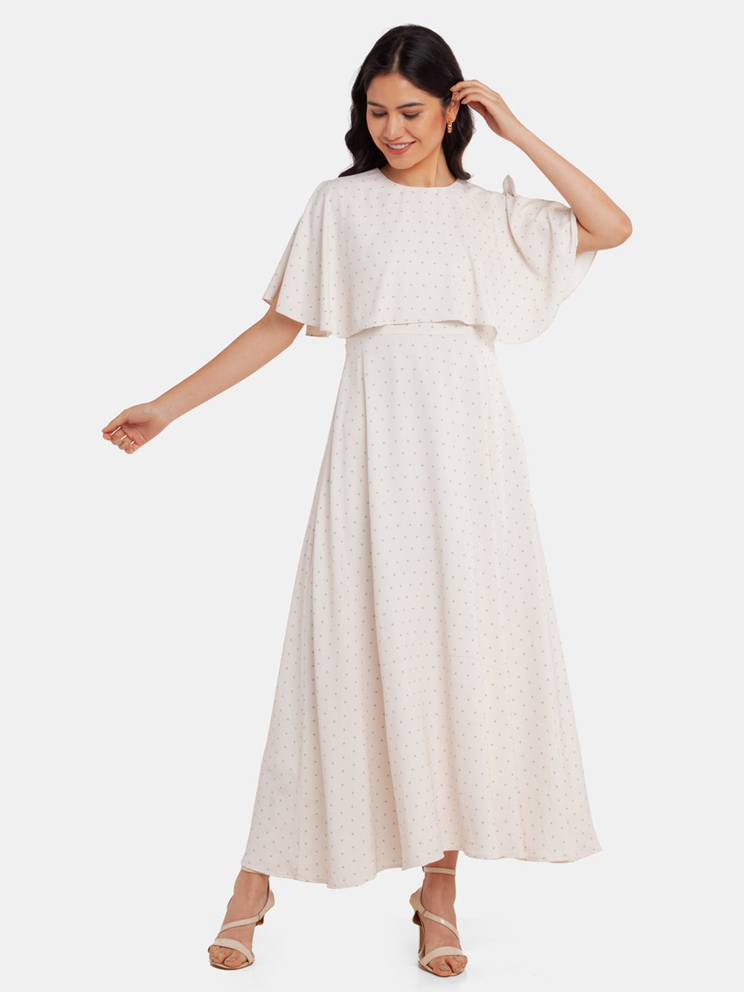 White Printed Cape Maxi Dress For Women