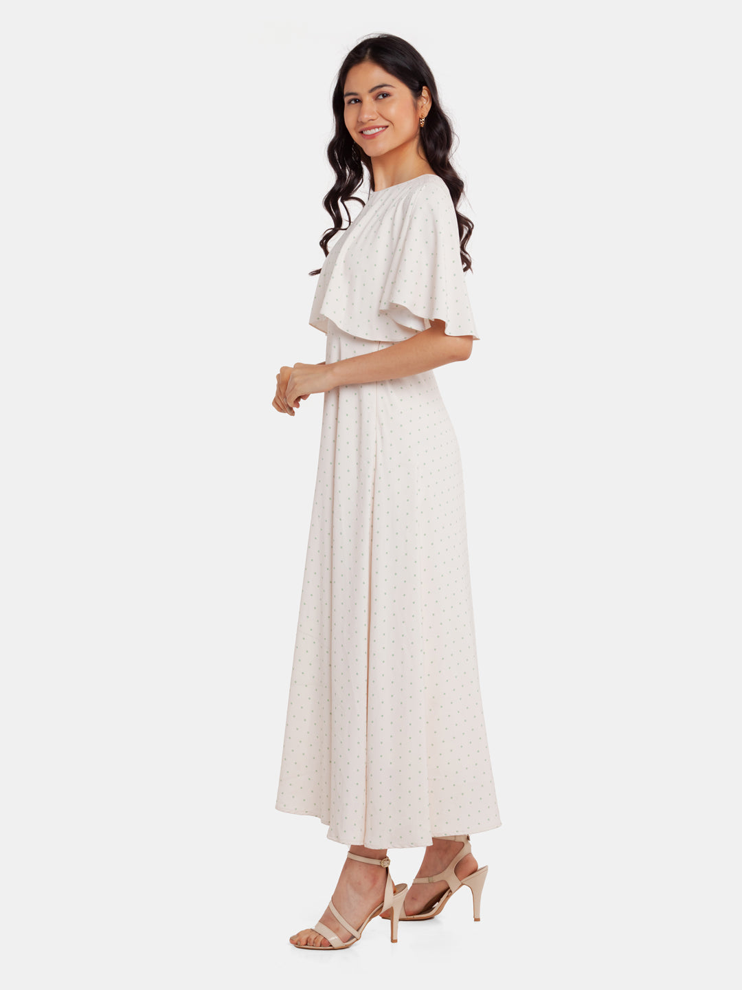 White Printed Cape Maxi Dress