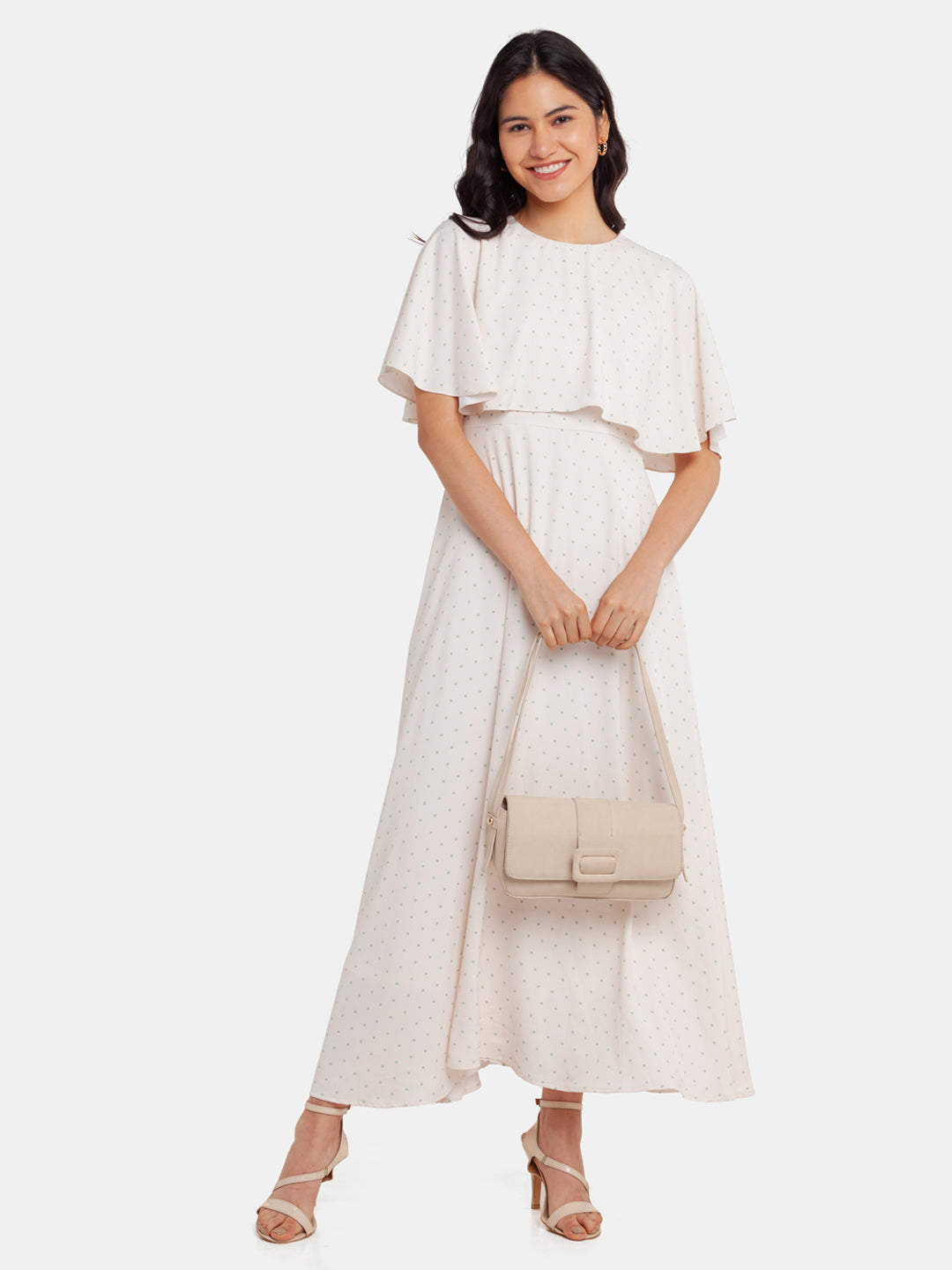 White Printed Cape Maxi Dress For Women