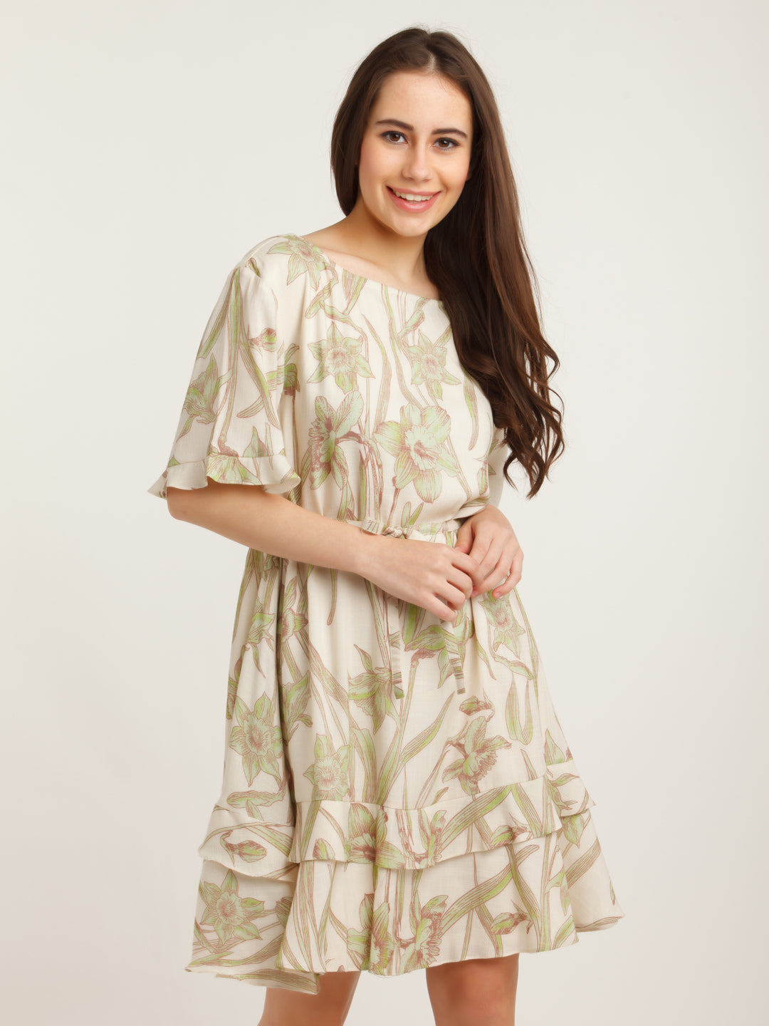 Off White Printed Tiered Short Dress For Women