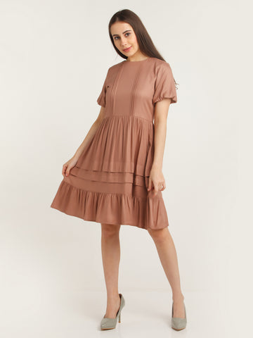 Brown Solid Pleated Short Dress For Women