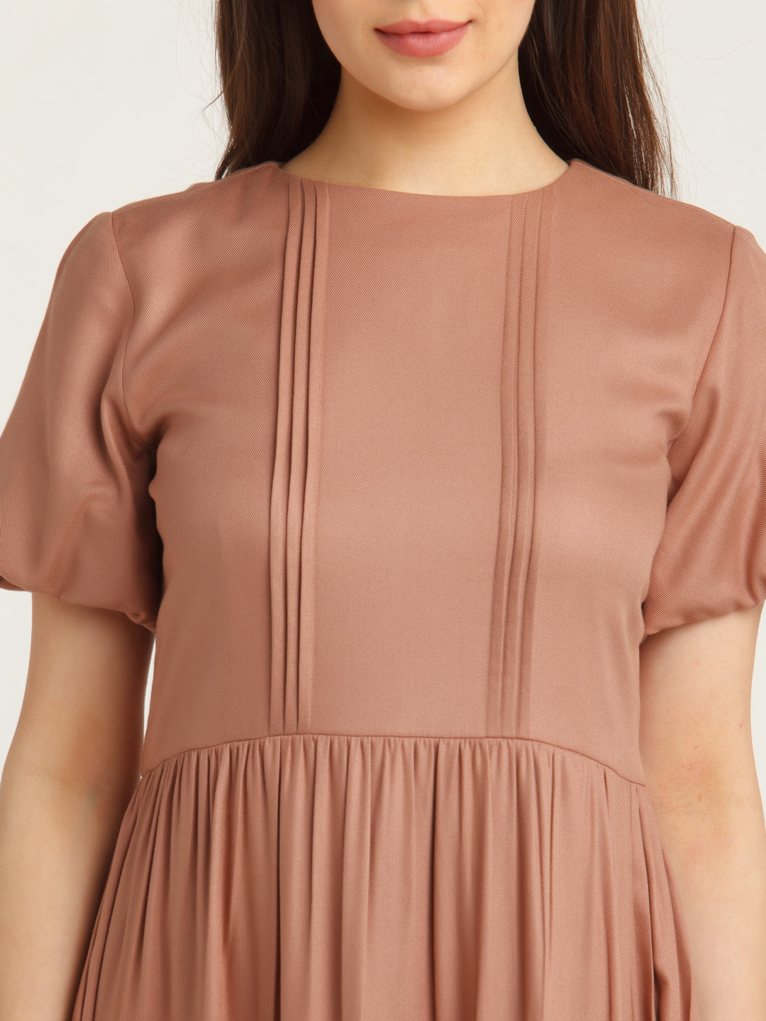 Brown Solid Pleated Short Dress