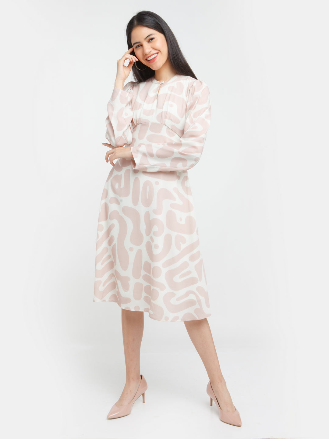 Off White Printed A-Line Midi Dress