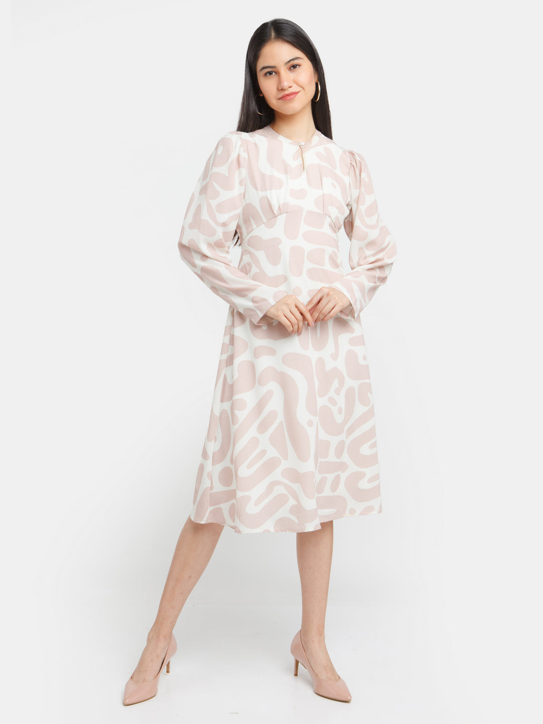 Off White Printed A-Line Midi Dress