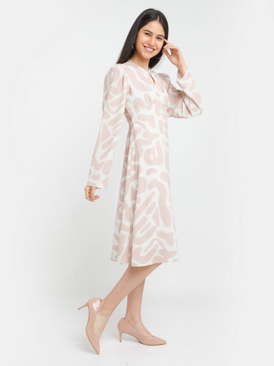 Off White Printed A-Line Midi Dress For Women
