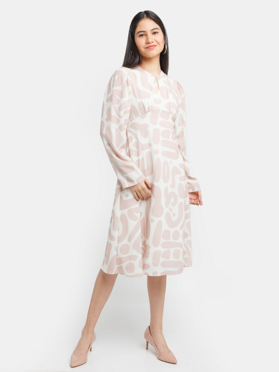 Off White Printed A-Line Midi Dress