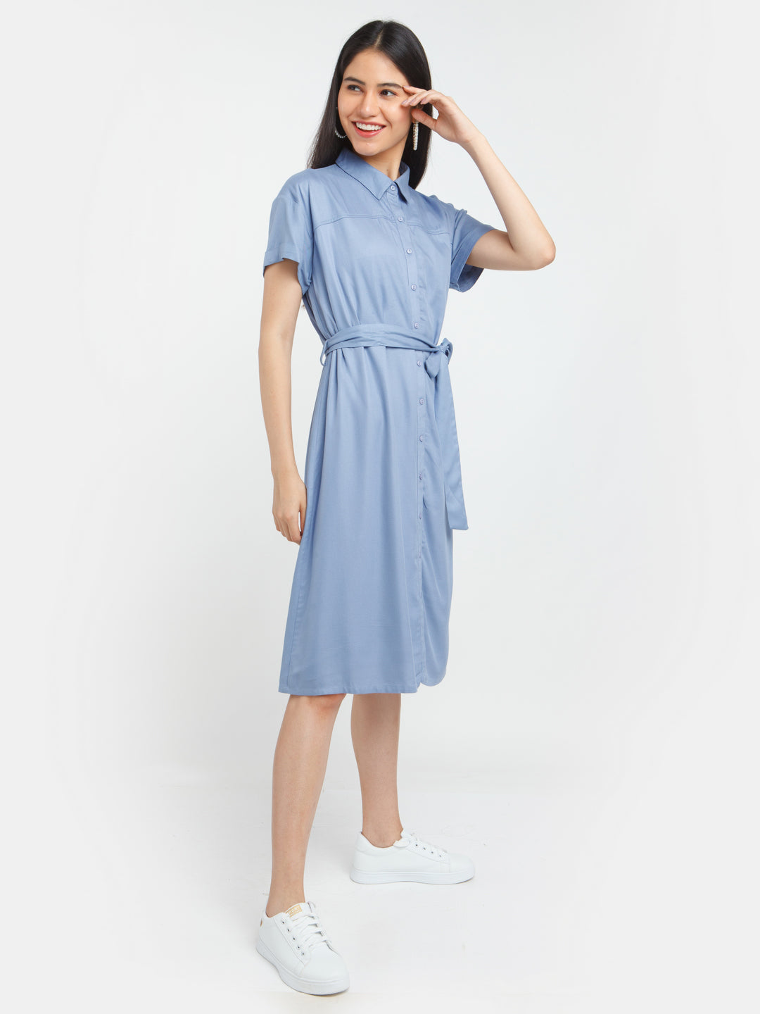 Blue Solid Shirt Dress