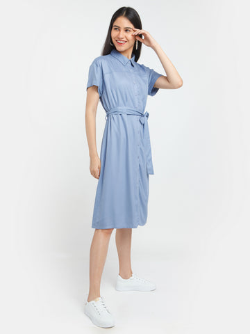 Blue Solid Shirt Dress For Women