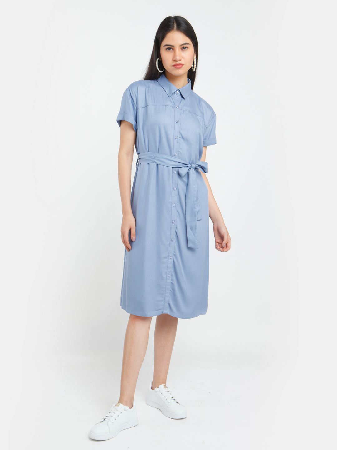 Blue Solid Shirt Dress