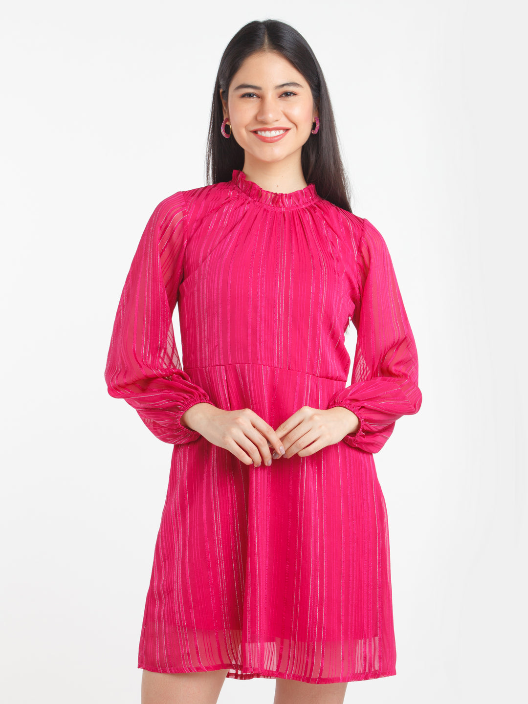 Pink Solid Lurex insert Short Dress For Women
