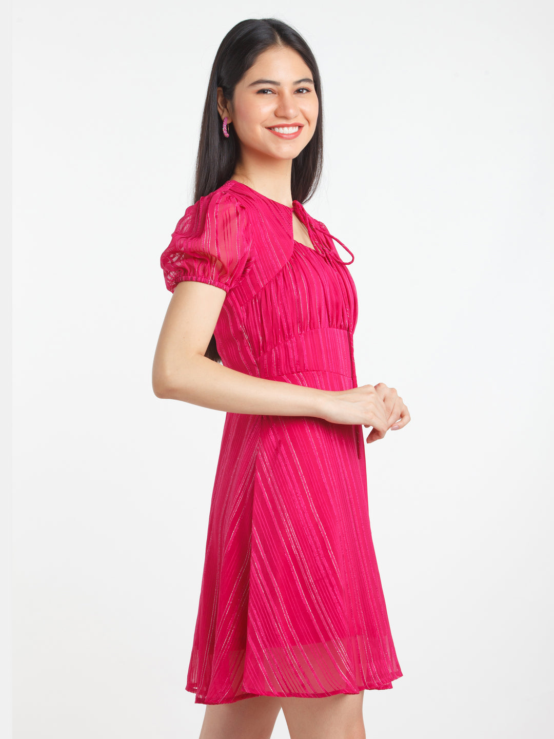 Pink Solid Tie-Up Short Dress For Women