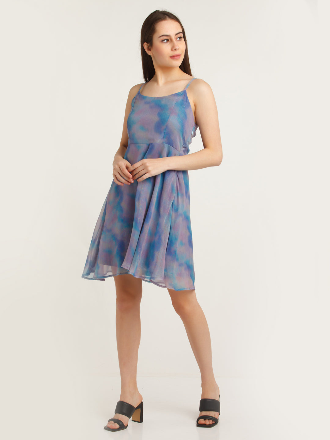 Blue Printed Strappy Short Dress For Women