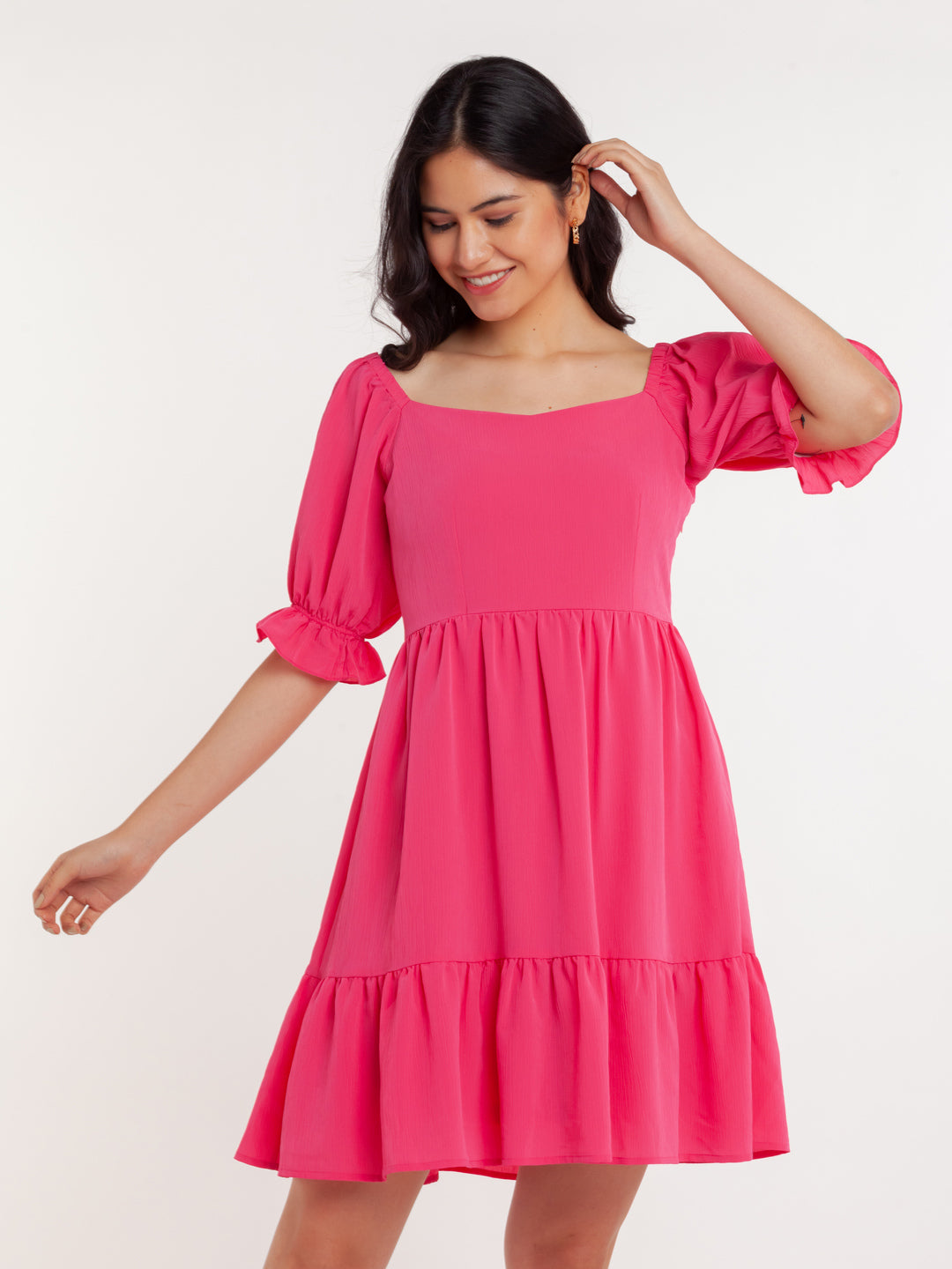 Pink Solid Tiered Short Dress