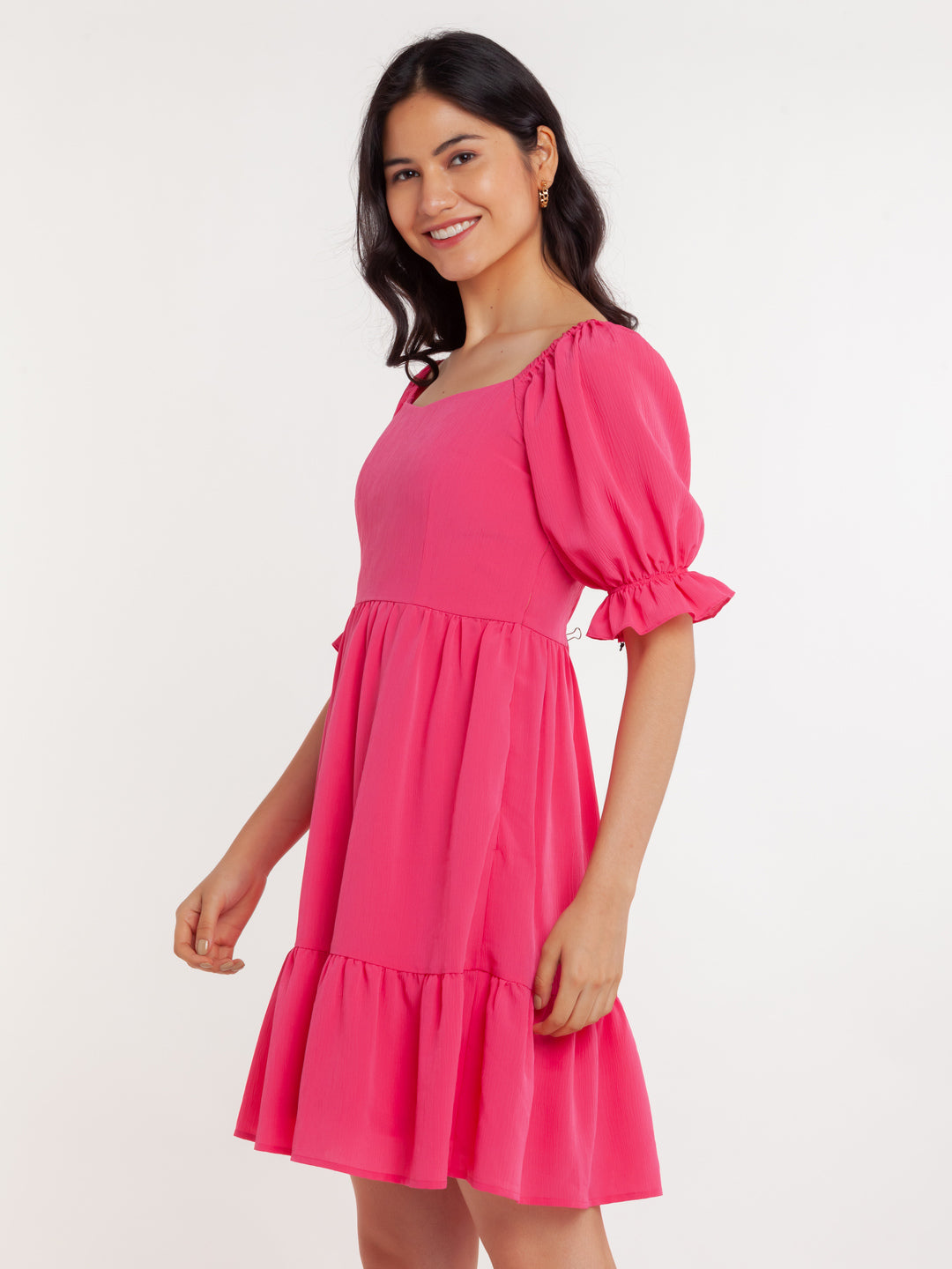 Pink Solid Tiered Short Dress