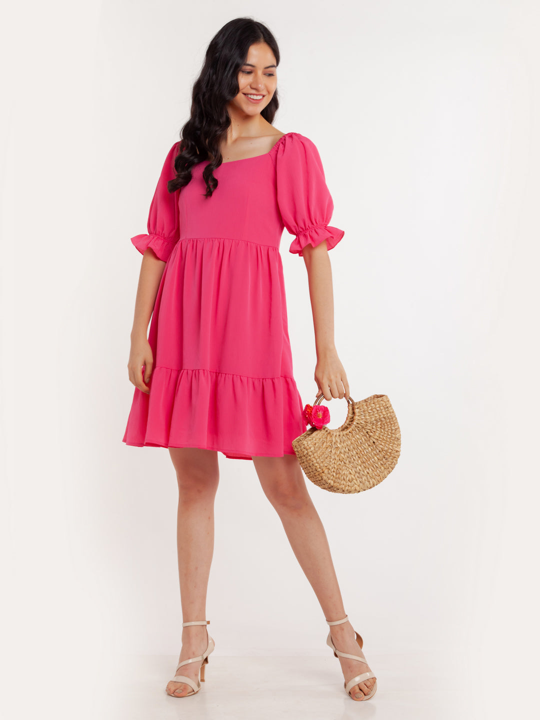 Pink Solid Tiered Short Dress For Women