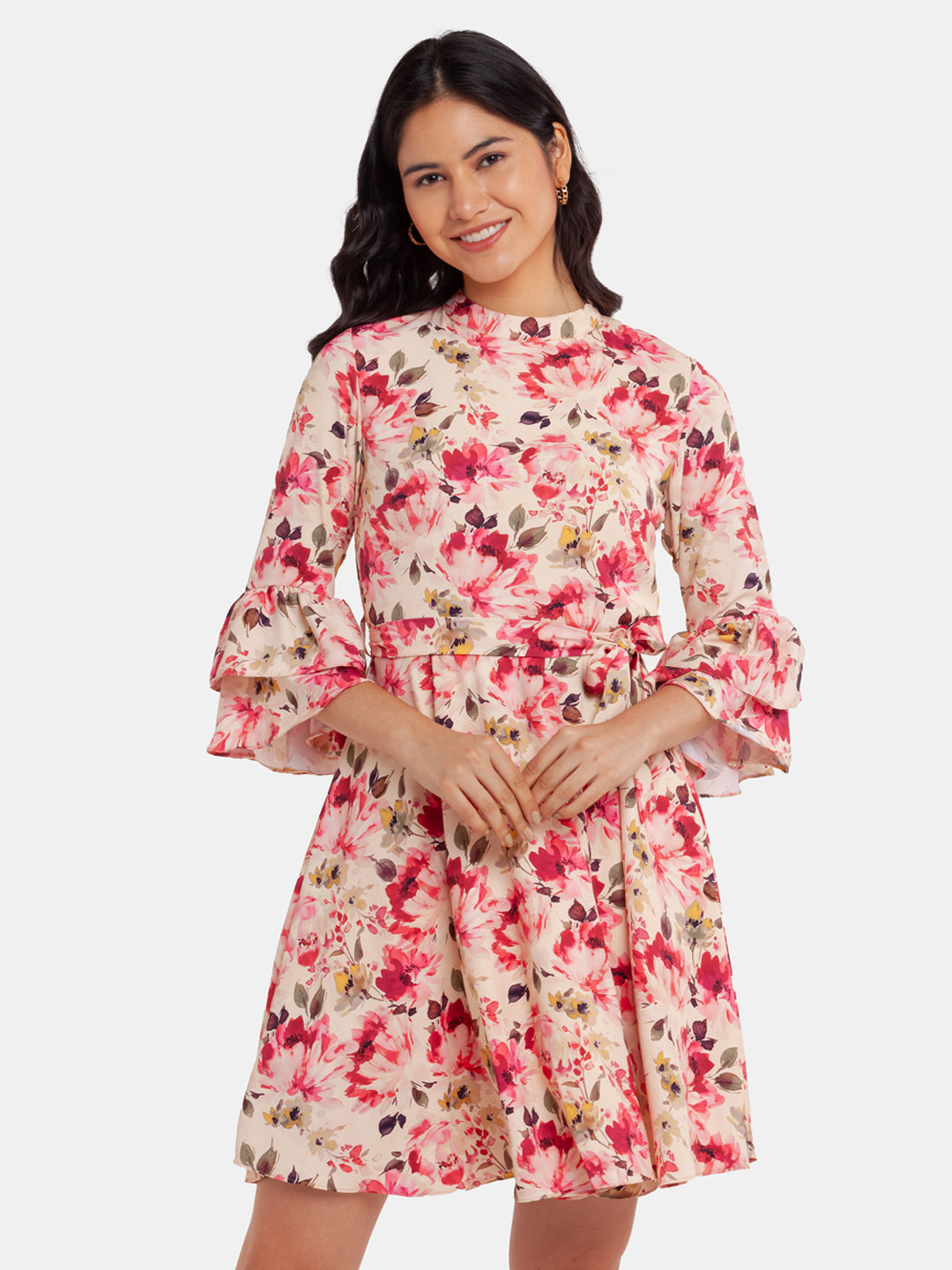 Off White Printed Tie-Up Short Dress For Women