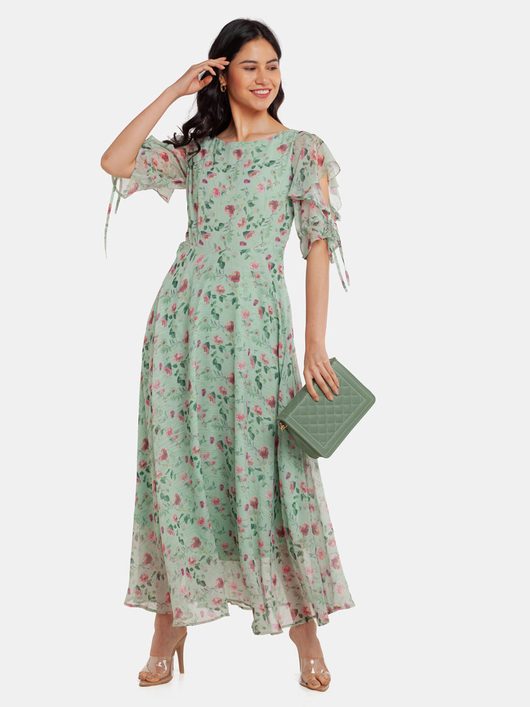 Green Printed Flared Sleeve Maxi Dress