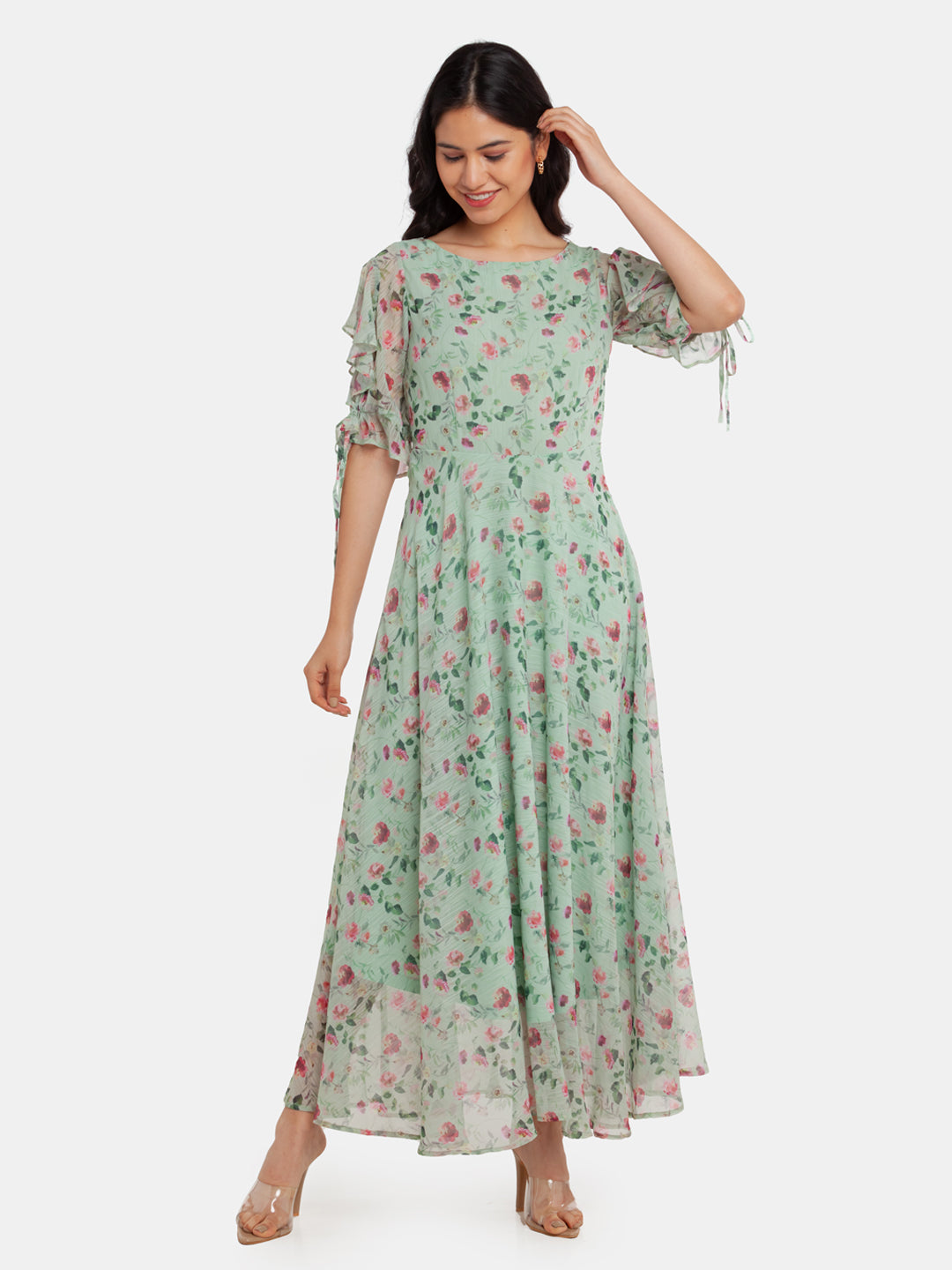 Green Printed Flared Sleeve Maxi Dress