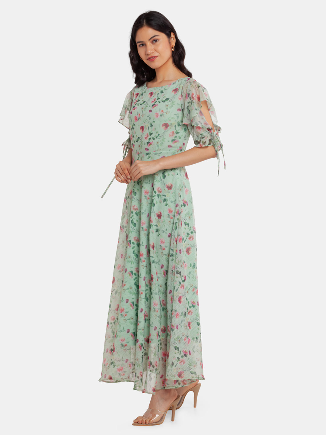 Green Printed Flared Sleeve Maxi Dress