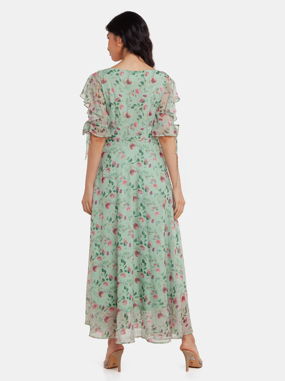 Green Printed Flared Sleeve Maxi Dress