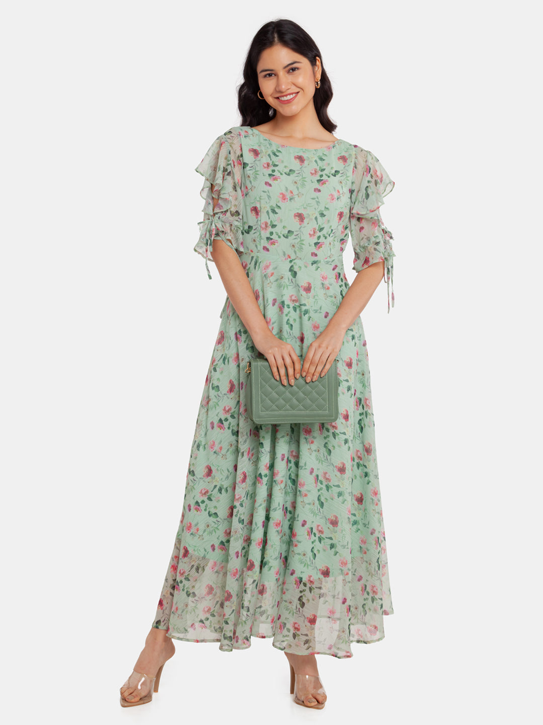 Green Printed Flared Sleeve Maxi Dress