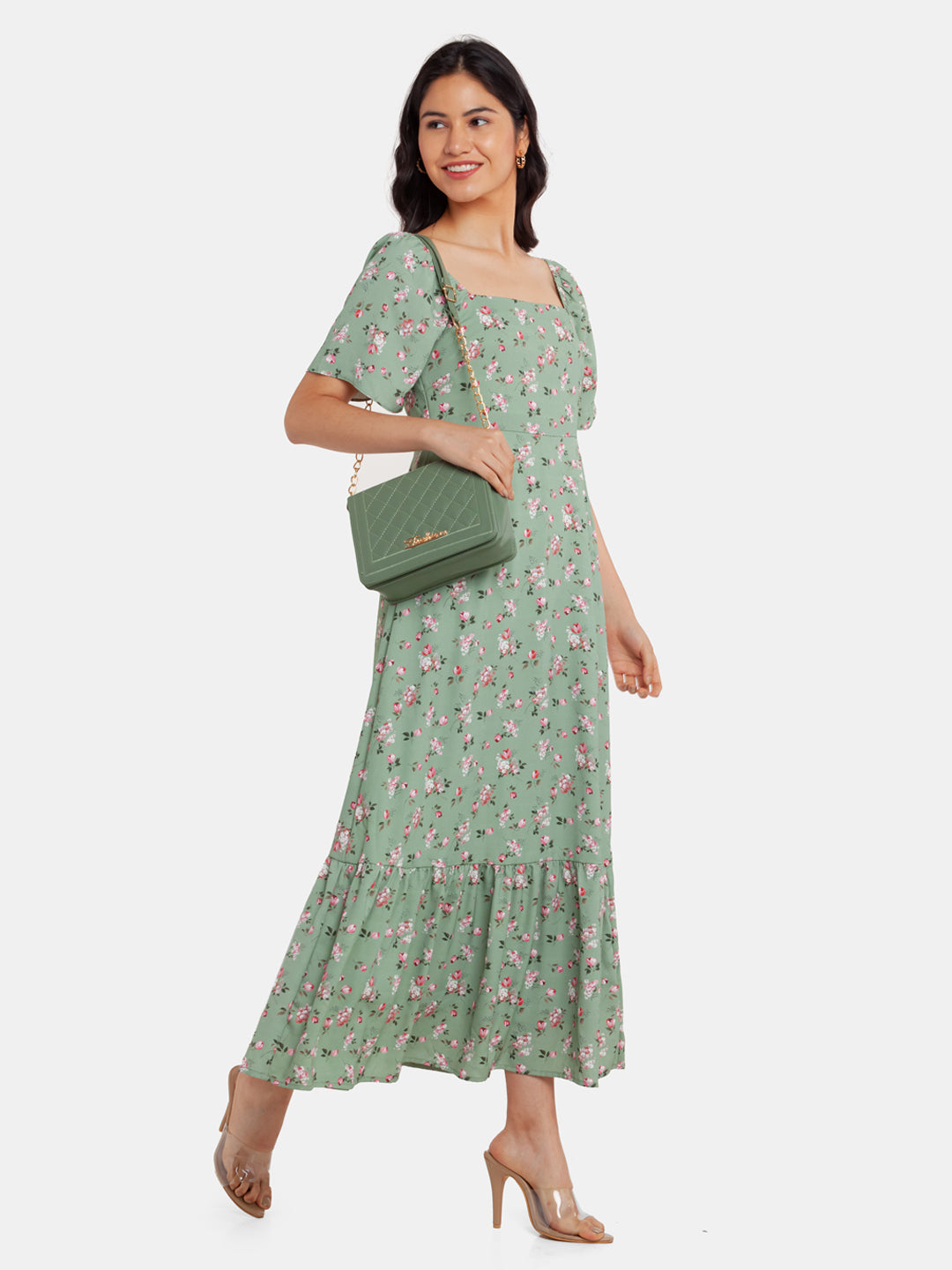 Green Printed Tiered Maxi Dress For Women