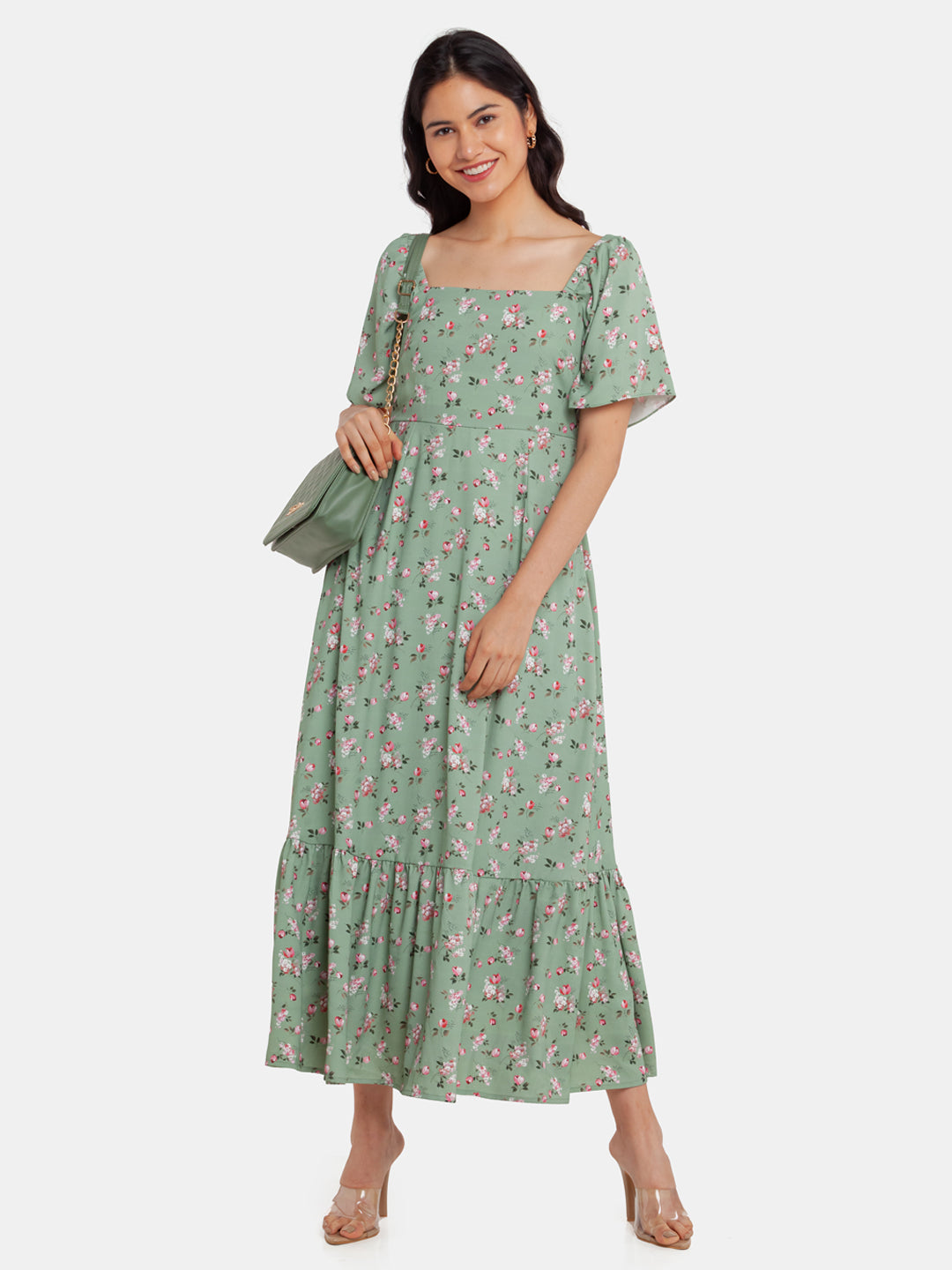Green Printed Tiered Maxi Dress For Women