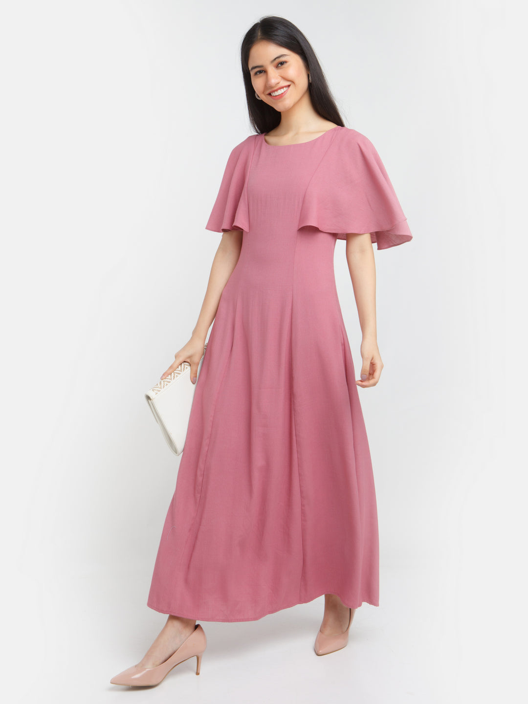 Pink Solid Flared Sleeve Maxi Dress