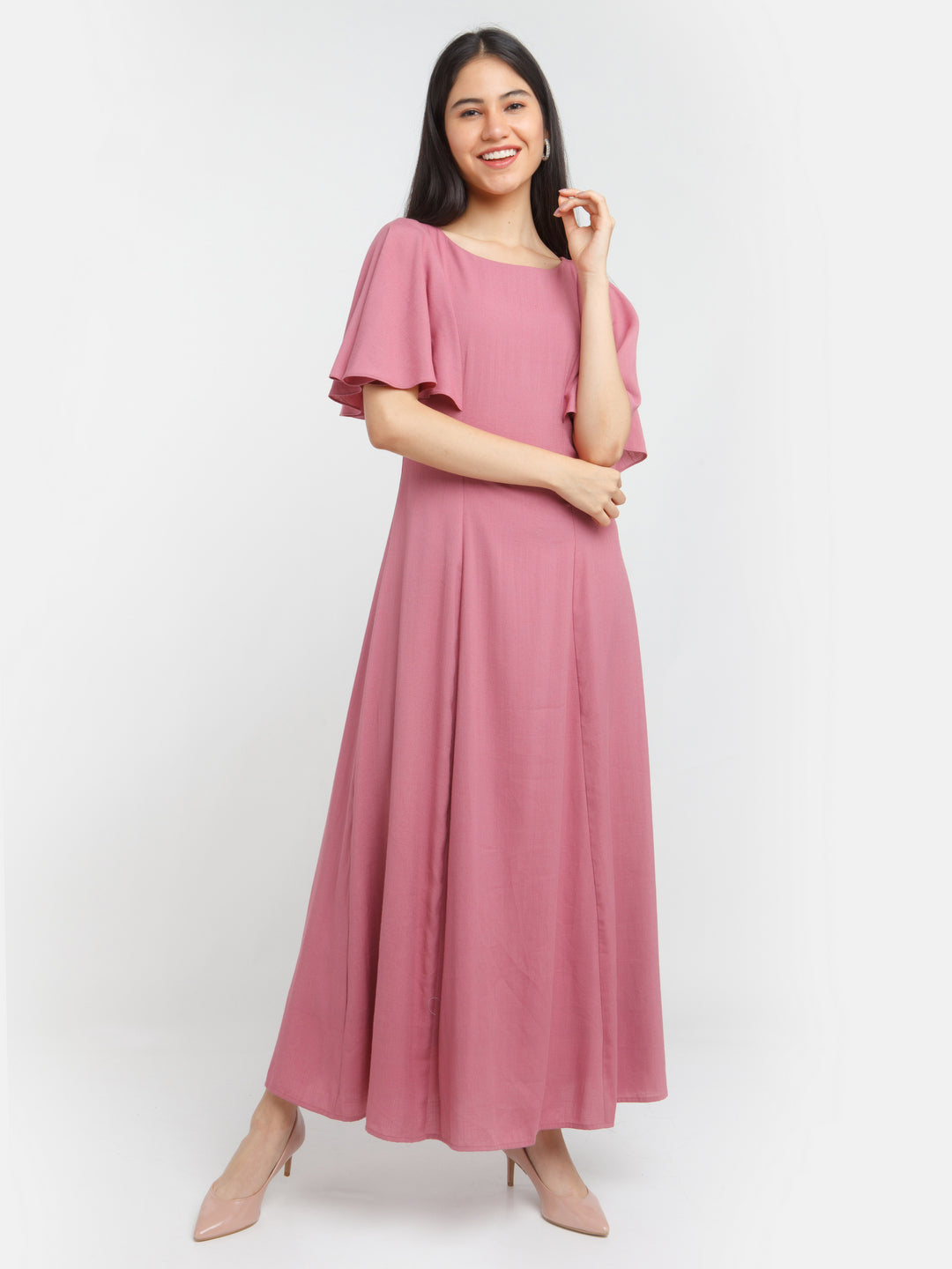 Pink Solid Flared Sleeve Maxi Dress