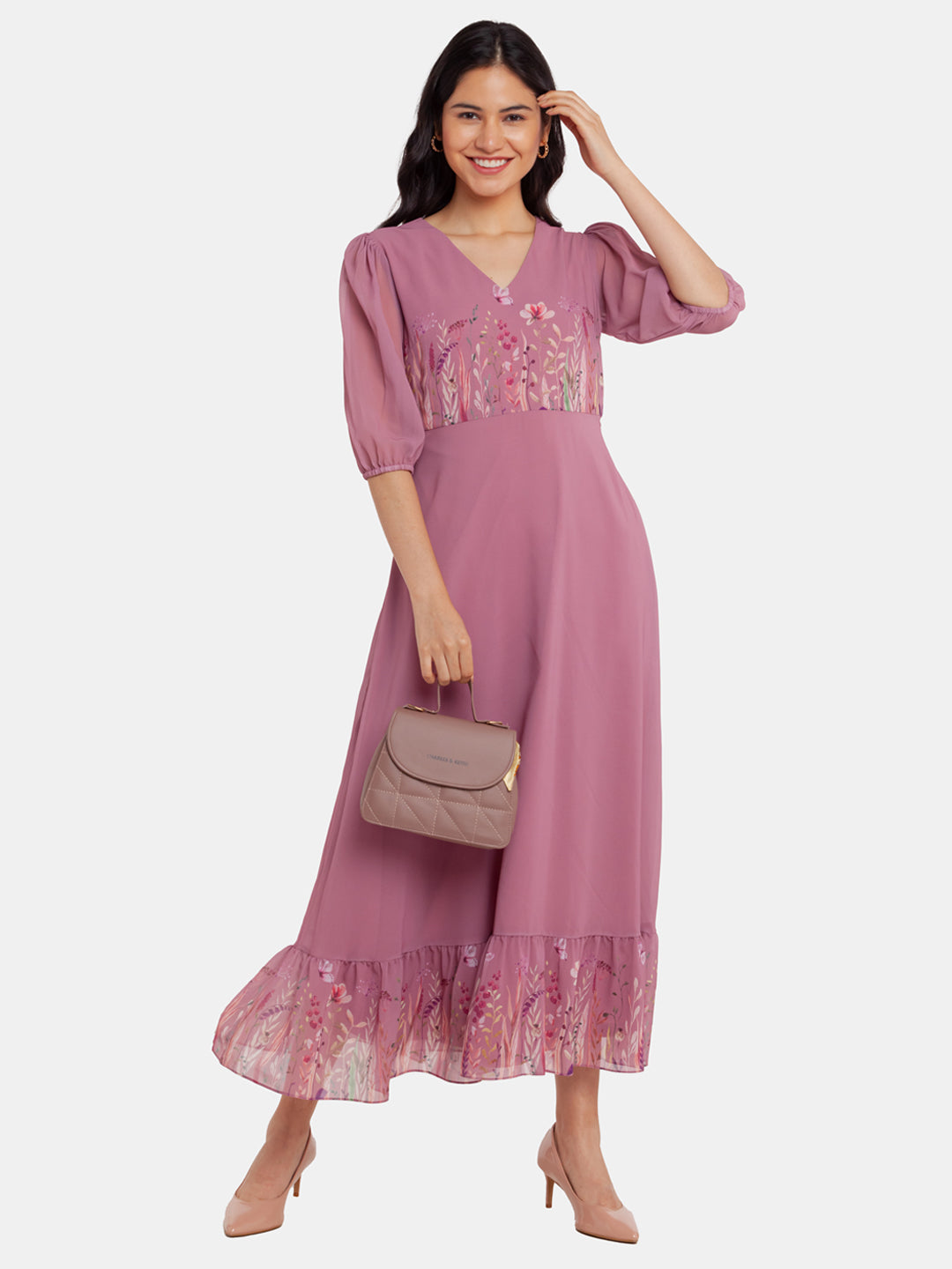 Pink Printed Tiered Maxi Dress For Women