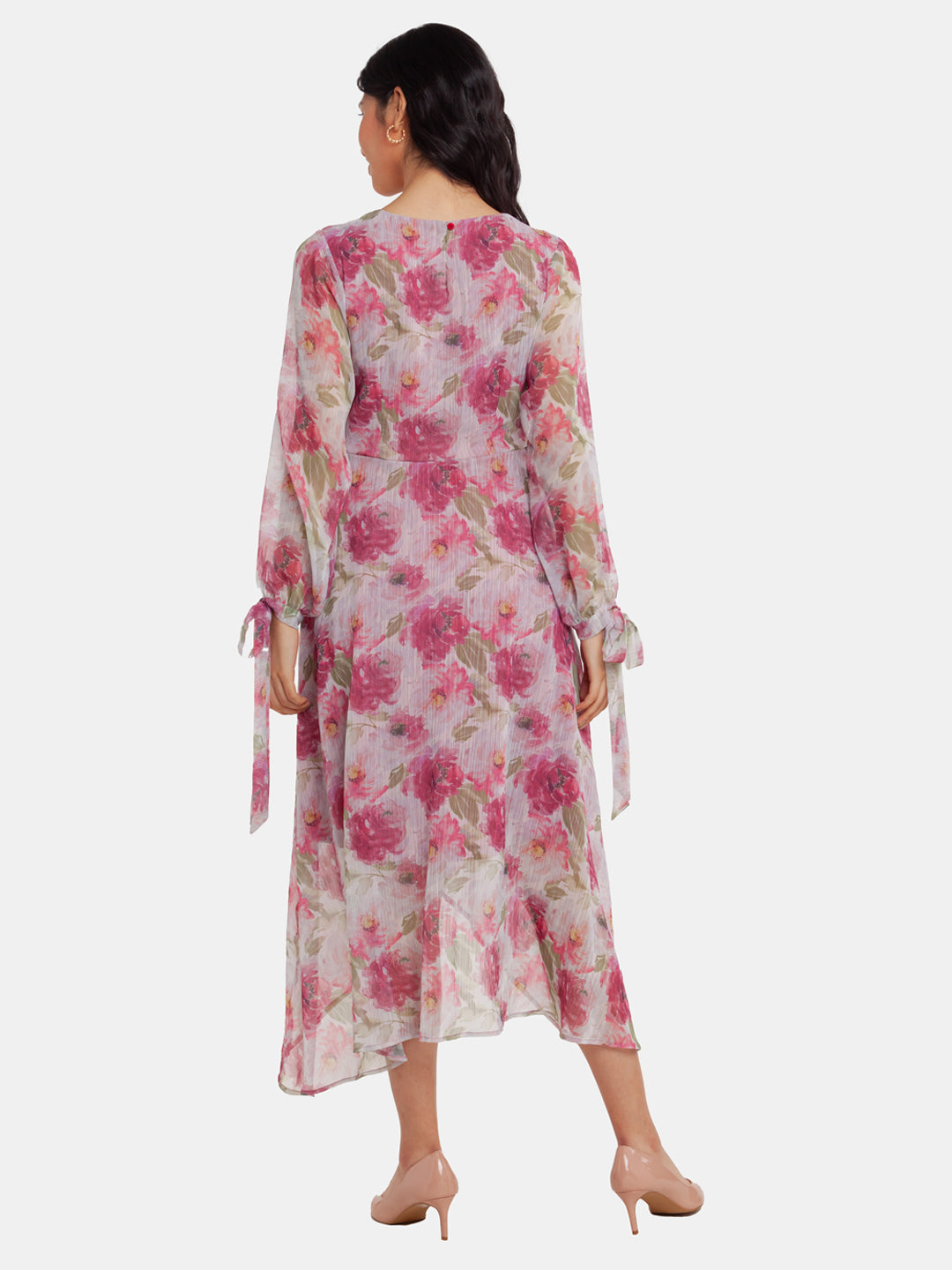 Off White Printed Tie-Up Midi Dress For Women