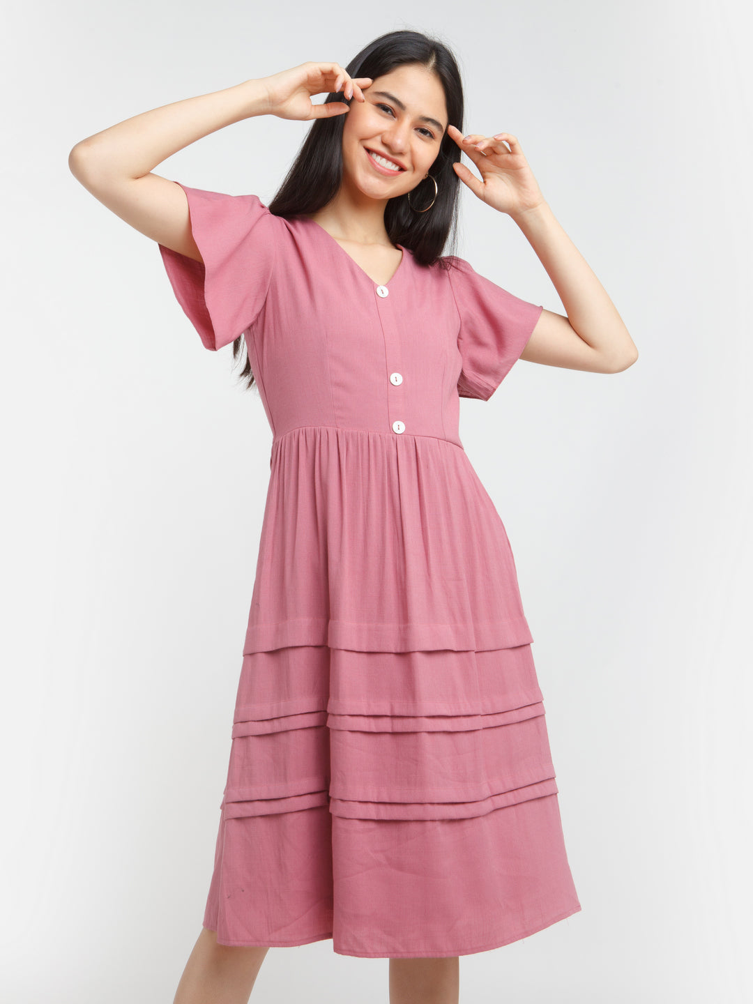 Pink Solid Tiered Midi Dress For Women
