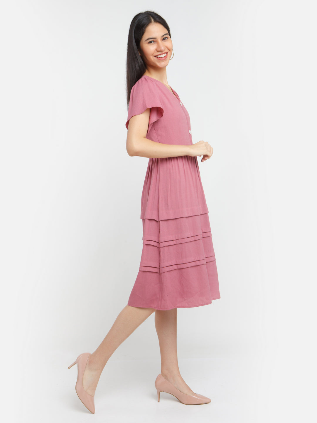 Pink Solid Tiered Midi Dress