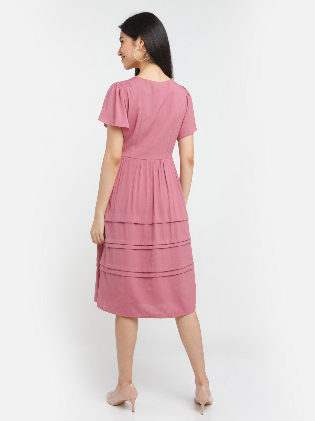 Pink Solid Tiered Midi Dress