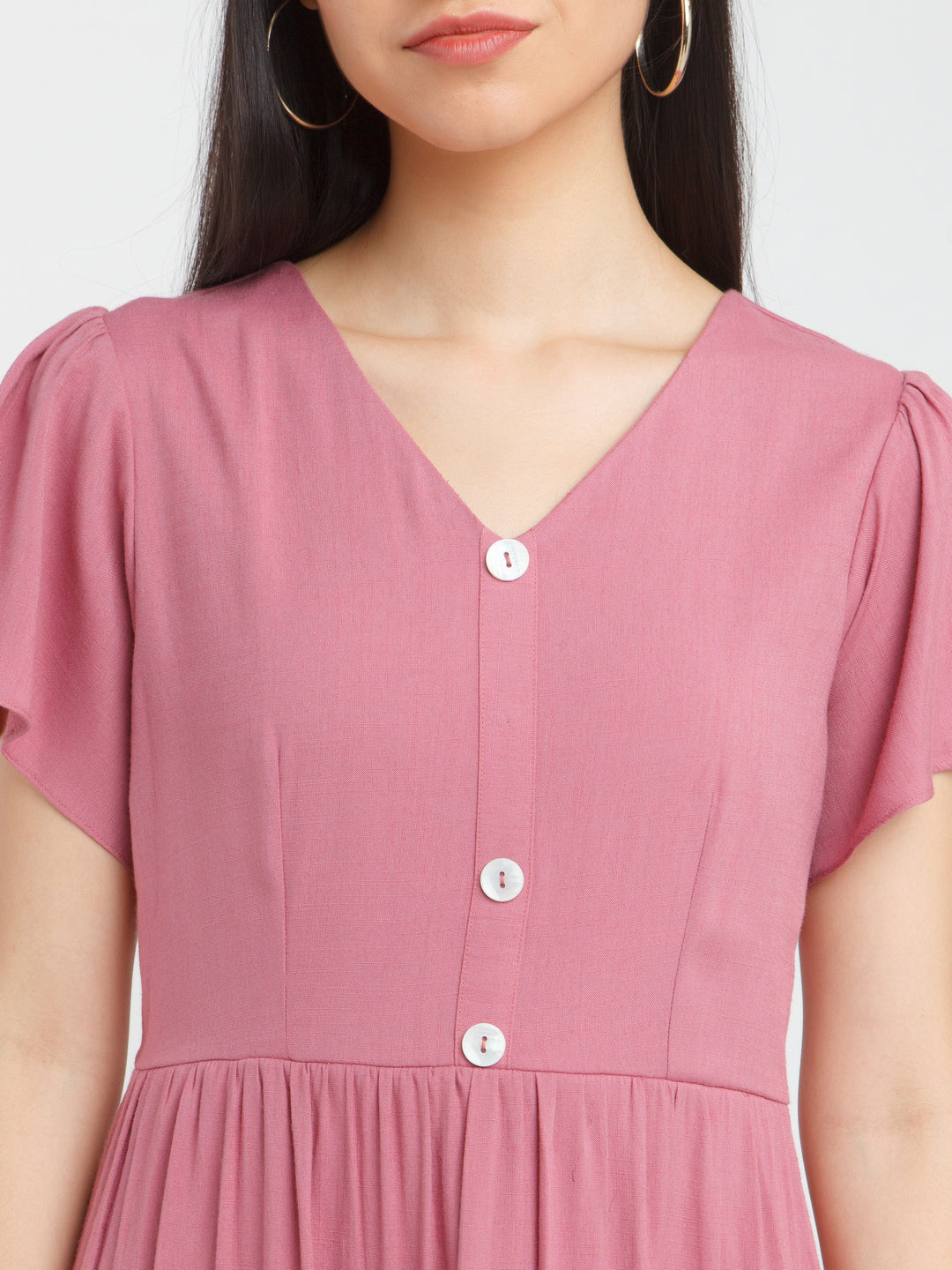 Pink Solid Tiered Midi Dress For Women