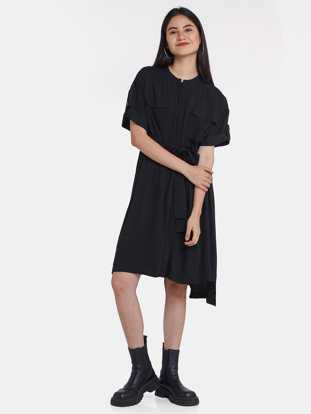 Black Solid Utility Midi Dress For Women
