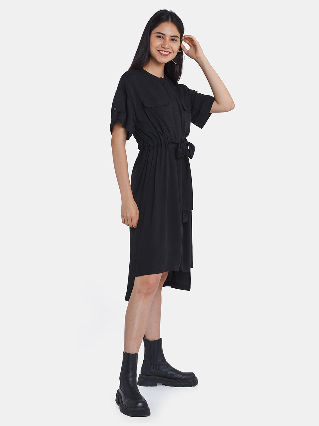 Black Solid Utility Midi Dress