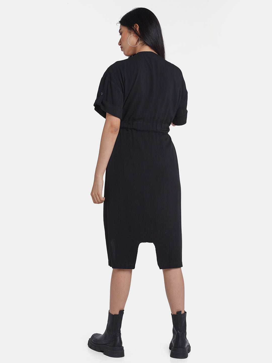 Black Solid Utility Midi Dress