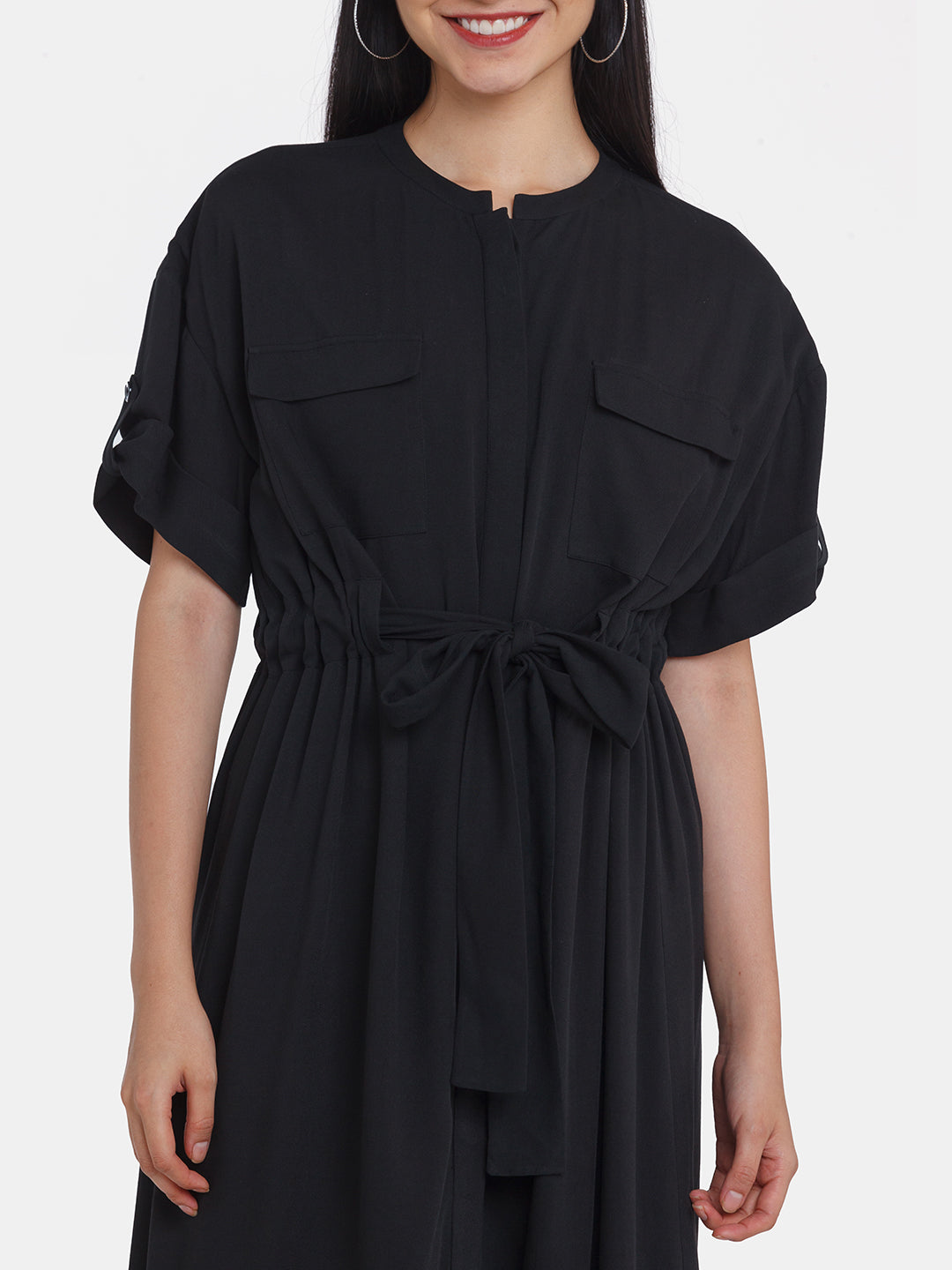 Black Solid Utility Midi Dress